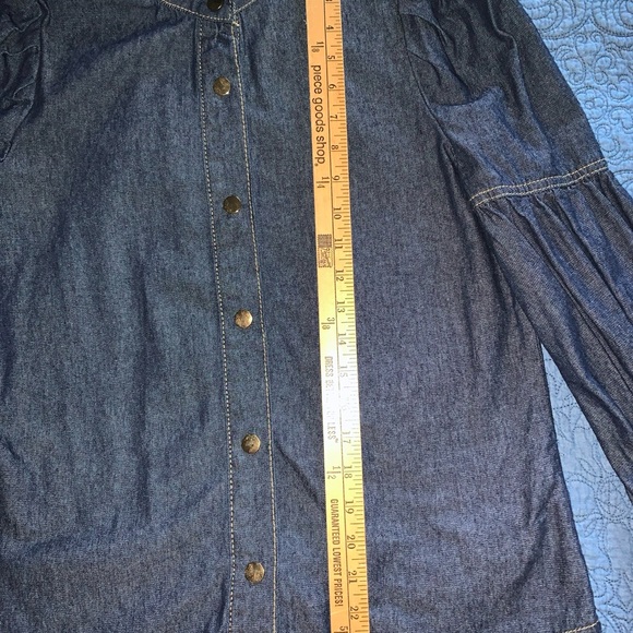 NEW WOMEN'S TIE NECK LANTERN SLEEVE DENIM BLOUSE US Size XS - Picture 5 of 7